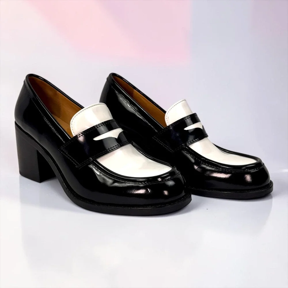 Thursday Boots High Heel Penny Loafer Black White Patent Spectator Womens 9